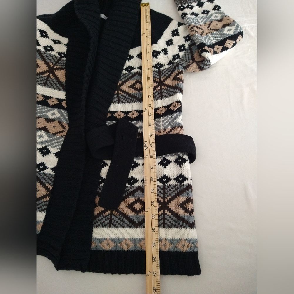 Old Navy Knit Cardigan Tan Black Aztec Southwest Cotton Lambs Wool Blend Chunky - Picture 3 of 10